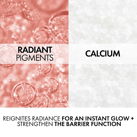 Image 3 - The image is split into two upper panels: the left shows pink liquid with shimmering bubbles, labeled Radiant Pigments, and the right shows white crystalline particles, labeled Calcium; below these, text reads Reignites Radiance For An Instant Glow + Strengthen The Barrier Function. Image 4 - Two pink and white cosmetic cream jars are displayed side-by-side, representing a before and after comparison of product packaging, with a subtle difference on the label of the right jar, and the image includes the text SAME TRUSTED FORMULA NEW UPDATED PACK, BEFORE, AFTER, VICHY LABORATOIRES NEOVADIOL ROSE PLATINIUM, VICHY LABORATOIRES NEOVADIOL ROSE PLATINIUM DAY.