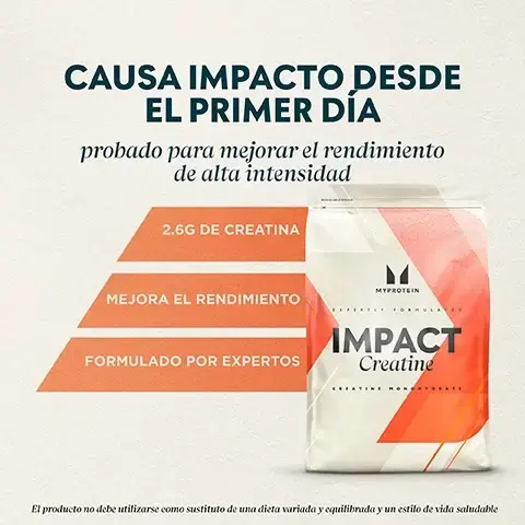 Image 1, cause impacto desde el primer dia. probado para mejorar el rendimiento de alta intensidad. 2.6g de creatine. mejora el rendimiento. formulado por expertos. el producto no debe utilizarse como sustituto de una dieta variada y equilibrada y un estilo de vida saludable. Image 2, performez avec impact