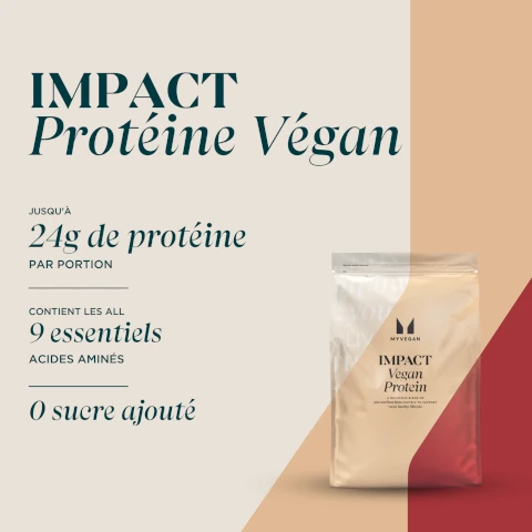 impact proteine vegan. jusqu'a 24g proteine par portion. contient les all 9 essentiaels acides amines. 0 sucre ajoute