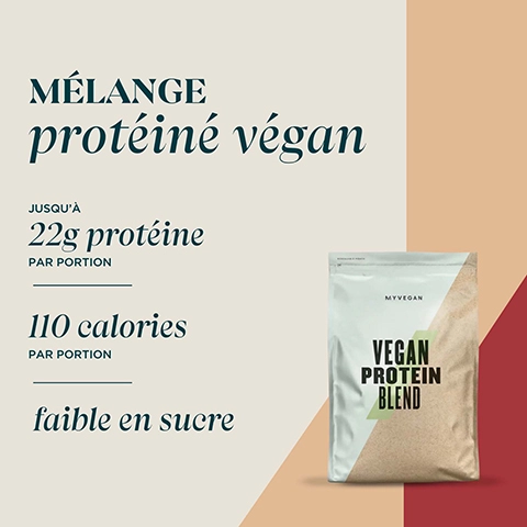 melange proteine vegan. jusqu'a 22g proteine par portion. 110 calories. faible en sucre.