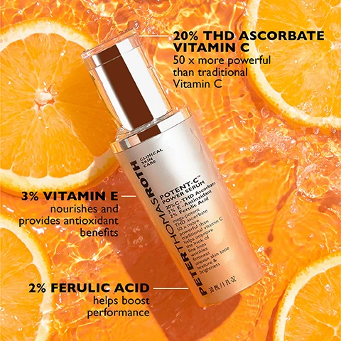 image 1, 20% THD ascorbate vitamin c- 50 times more powerful than traditional vitamin c. 3% vitamin e - nourishes and provides antioxidant benefits. 2% ferulic acid - helps boost performance. image 2, the potent c difference. ultra stable formula. highly concentreated 20% THD ascorbate vitamin c. brightening and anti-ageing. image 3, defy signs of aging in 7 days. forehead before and forehead after 7 days. image 4, defy signs of aging in 7 days. neck before and neck after 7 days. image 5, see an improvement in wrinkles, firmness and brightness in 7 days.