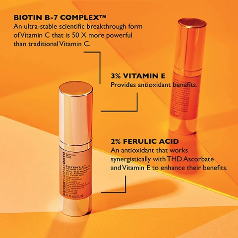 Image 1 - A close-up image features a skincare product bottle with a silver and gold design on an orange background, with text describing the benefits of its ingredients: BIOTIN B-7 COMPLEX™, 3% VITAMIN E, and 2% FERIC ACID.
              Image 2 - A woman is applying an eye cream to her under-eye area with a cream product displayed beside her, featuring visible text that reads HOW TO USE Pat around entire eye area, avoiding lids. Use twice daily with continued use.
              Image 3 - Image shows a skincare product display with three steps: on the left is a tube labeled POTENT-C™ POWER SCRUB, in the center is a bottle labeled POTENT-C™ POWER SERUM, and on the right is a tube labeled POTENT-C™ POWER CREAM, with visible text indicating each step (STEP 1, STEP 2, STEP 3).
              Image 4 - Two jars of Peter Thomas Roth skincare products on a peach background; the left jar labeled STEP 4 contains POWER BRIGHTENING HYDRA-GEL EYE PATCHES, and the right jar labeled STEP 5 is BRIGHTENING VITAMIN C MOISTURIZER with text detailing ingredients and benefits.