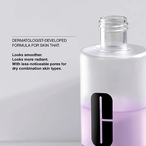 Image 11 - Light green liquid with fine bubbles on a white background, featuring two icons and text: the top icon shows bubbles and a sparkle followed by clean, and the bottom icon shows a circular arrow followed by refresh. Image 4 - A frosted bottle with a black Clinique logo is shown partially filled with purple liquid, next to text that reads: DERMATOLOGIST-DEVELOPED FORMULA FOR SKIN THAT: Looks smoother. Looks more radiant. With less-noticeable pores for dry combination skin types. Image 5 - A purple, bubbly liquid is spread on a light background, with a black icon of wavy lines above the text exfoliate. Image 7 - Two clear dishes are shown on a white background: the top right dish holds white powder and a pipette with green liquid, and the bottom left dish holds branches with small yellow flowers; text reads Acetyl glucosamine helps balance and smooth skin and Witch hazel helps refine skin. Image 8 - Three Clinique liquid facial soap bottles, with green, lavender, and pink caps respectively, stand in soap suds with text that reads Dermatologist developed. In 3 skin-typed formulas. Clinique all about clean liquid facial soap extra-mild savon visage liquide très doux VERY DRY TO DRY SÈCHE À TRÈS SÈCHE. Clinique all about clean liquid facial soap mild savon visage liquide doux DRY COMBINATION SÈCHE À MIXTE. Clinique all about clean liquid facial soap oily skin formula savon visage liquide tonique COMBINATION TO OILY MIXTE À GRASSE. Image 9 - Several sugar cubes and a clear gel-like substance are on a round transparent surface, with the text Sucrose visible in the top right.