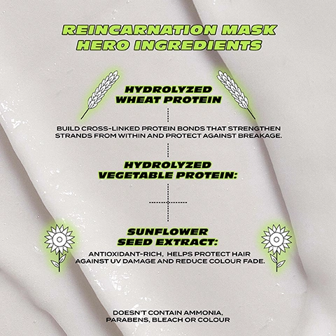 Image 1 - The image shows a diagram on a light gray background detailing product ingredients, with stylized white wheat stalks next to Hydrolyzed Wheat Protein and white sunflowers next to Sunflower Seed Extract, listing the text: REINCARNATION MASK HERO INGREDIENTS, HYDROLYZED WHEAT PROTEIN: BUILD CROSS-LINKED PROTEIN BONDS THAT STRENGTHEN STRANDS FROM WITHIN AND PROTECT AGAINST BREAKAGE, HYDROLYZED VEGETABLE PROTEIN:, SUNFLOWER SEED EXTRACT: ANTIOXIDANT-RICH, HELPS PROTECT HAIR AGAINST UV DAMAGE AND REDUCE COLOUR FADE, DOESNT CONTAIN AMMONIA, PARABENS, BLEACH OR COLOUR. Image 2 - A silver tube of Bleach London Reincarnation Mask hair product is displayed on a creamy white background, with visible text including Bleach London, Reincarnation Mask, Need a second chance? Resurrect dry, damaged, bleached or coloured hair, 200ml e 6.7 US fl. oz., and product benefits: Repairs damage from daily stressors, Builds cross-linked hair bonds, Promotes strength from within, Strengthen and protects hair.
