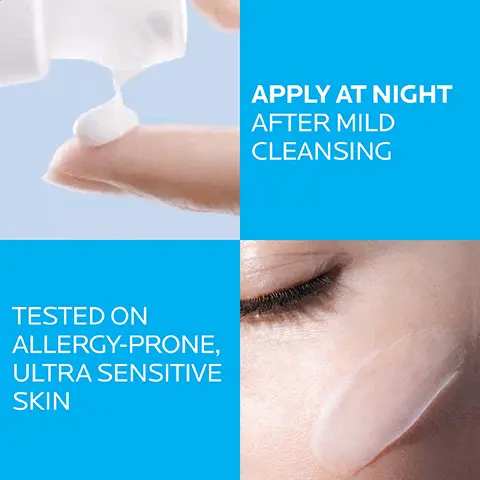 Image 1, apply at night after mild cleansing, tested on allergy prone, ultra sensitive skin. Image 2, new look, same formula. Image 3, dermatologist tested, allergy tested, oil free/non comedogenic and fragrance free. Image 6, New look, same formula