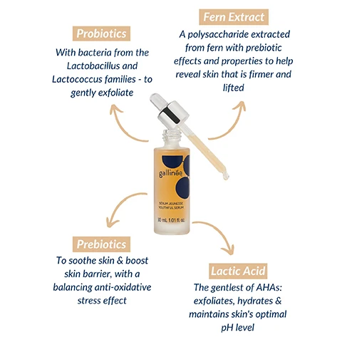 Image 1 - A skincare serum bottle labeled gallinée with a dropper is centered, surrounded by arrows pointing to four ingredients: Probiotics describing gentle exfoliation, Fern Extract highlighting prebiotic effects for firmer skin, Prebiotics for soothing the skin barrier, and Lactic Acid as a gentle exfoliant that maintains pH levels.
              Image 2 - Image shows a side-by-side comparison of a womans face labeled BEFORE on the left and AFTER 3 MONTHS on the right, demonstrating visible improvements in skin firmness and appearance; additional text includes a testimonial from Nikki about the products effectiveness.