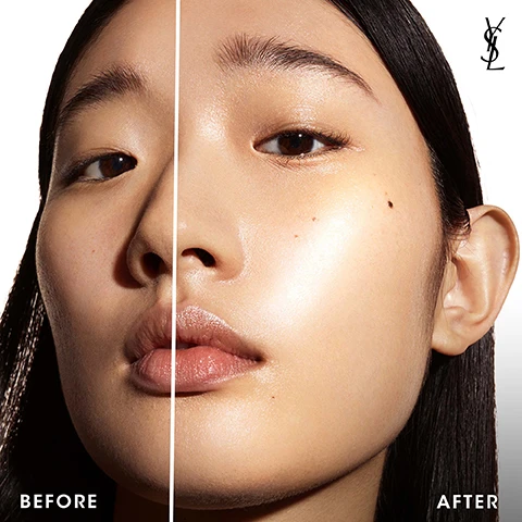 Image 4 - A womans face is split vertically, showing a before and after comparison of her skin with the YSL logo in the top right corner and text that reads BEFORE and AFTER. Image 5 - A split image of a womans face compares the left side showing natural skin texture and matte lips with the right side showing luminous skin and glossy lips, with text BEFORE on the bottom left, AFTER on the bottom right, and the YSL logo in the top right. Image 7 - A white background image displays five Yves Saint Laurent makeup products arranged horizontally, numbered 1 to 5, detailing a natural luminous matte look routine, with visible text STYLE YOUR FACE IN MATTE NATURAL LUMINOUS MATTE LOOK PRIME #1 BLUR PRIMER SKIN TEXTURE LOOKS SMOOTHER SKIN LUMINOSITY APPEARS BOOSTED UNIFY #2 ALL HOURS FOUNDATION 24H FULL COVERAGE INFUSED WITH HYALURONIC ACID CONCEAL #3 TOUCHE ÉCLAT HIGH COVER NATURAL LUMINOUS FINISH LONG WEAR RADIANCE ILLUMINATE #4 TOUCHE ÉCLAT ILLUMINATING PEN ADDS LIGHT TO THE FACE BOOSTS LUMINOSITY FINISH #5 LASH CLASH DELIVERS +200% MORE VOLUME 24-HOUR SMUDGE-RESISTANT WEAR.