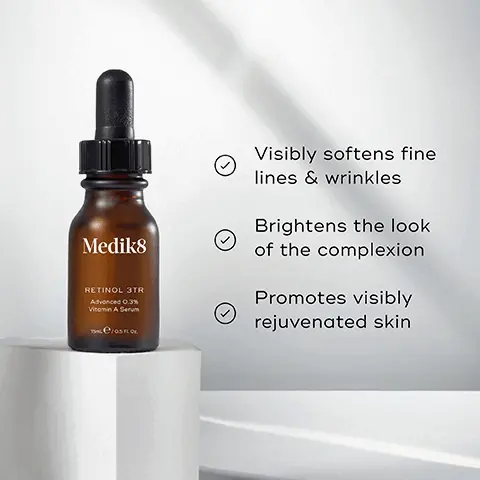 Image 1, Medik8 RETINOL 3TR Advanced 0.3% Vitamin A Serum 15e/05 FLO Visibly softens fine lines & wrinkles Brightens the look of the complexion Promotes visibly rejuvenated skin Image 2, PM Mediks HOW TO LAYER Medilsi Mediks Mediks CLEANSE TONE VITAMIN A MOISTURISE EXPERT ADVICE: Always follow with a sunscreen the next morning to maintain maximum age-defying results.