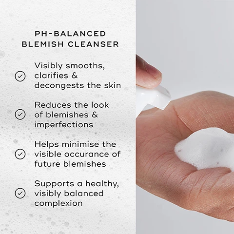 Image 1 - An image of a hand holding foam from a pH-balanced blemish cleanser, with visible text listing its benefits: visibly smooths, clarifies & decongests the skin, reduces the look of blemishes & imperfections, helps minimise the visible occurrence of future blemishes, supports a healthy, visibly balanced complexion.
              Image 2 - A white bottle of Medik8 clarifying foam with a pump top, accompanied by text highlighting the benefits of salicylic acid, L-mandelic acid, niacinamide, and tea tree oil for skin care.
              Image 3 - An infographic titled How to Layer showing skincare steps for morning and evening routines with labeled products including Clarifying Foam, Press & Clear, Plant Potency, Sunscreen, Vitamin A, and Advanced Night Restore.
