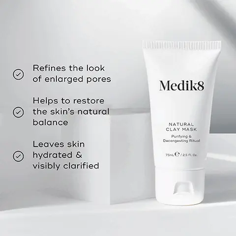 Image 1, Refines the look of enlarged pores Helps to restore the skin's natural balance Leaves skin hydrated & visibly clarified Medik8 NATURAL CLAY MASK Purifying & Decongesting Ritual 75mle/2.5 FL. Or. Image 2, BENTONITE CLAY Helps to reduce visible congestion & excess shine KAOLIN CLAY Draws out impurities & excess oil Medik8 CRANBERRY FRUIT EXTRACT Provides antioxidant protection against external stressors NATURAL CLAY MASK Purifying & Decongesting Ritual 75mle/25 FL O Image 3, PM HOW TO LAYER Mediks Mediks Medik8 Mediks CLEANSE TARGET VITAMIN A MOISTURISE EXPERT ADVICE: Recommended for use once per week