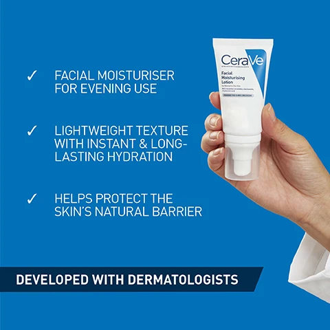 Image 1 - An individual holds a tube of CeraVe Facial Moisturising Lotion against a bright blue background, with three bullet points highlighting its benefits: facial moisturiser for evening use, lightweight texture with instant and long-lasting hydration, and helps protect the skins natural barrier, alongside the text developed with dermatologists.
              Image 2 - Image features a blue background with the text DRY SKIN at the top, three CeraVe products displayed: Hydrating Hyaluronic Acid Serum, Eye Repair Cream, and Facial Moisturising Lotion, accompanied by the keywords MOISTURISE, REPAIR, and HYDRATE vertically arranged on the right side.
