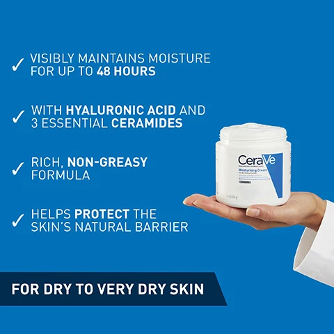 Image 1, visibly maintains moisture for up to 48 hours. with hyaluronic acid and 3 essential ceramides. rich, non greasy forumla. helps protect the skin's natural barrier. for dry to very dry skin. image 2, suitable for children and babies. image 3, same benefits, different texture. rich cream vs lightweight lotion.