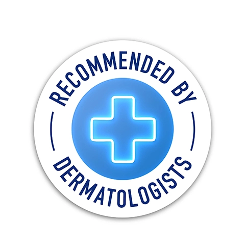 Image 1 - A round badge with a blue cross in the center, surrounded by the text Recommended by Dermatologists.