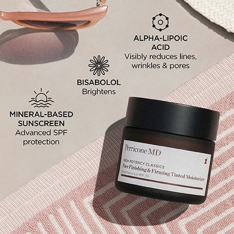 Image 1 - A brown jar of Perricone MD Face Finishing & Firming Tinted Moisturizer with SPF 30 is placed on a textured pink surface, accompanied by illustrations and text highlighting key ingredients: Alpha-Lipoic Acid, Bisabolol, and Mineral-Based Sunscreen for brightening and wrinkle reduction.
              Image 2 - A jar of Perricone MD High Potency Classics Face Finishing & Firming Tinted Moisturizer with a dark lid displays two five-star reviews: Leaves my face hydrated and with the perfect glow! — Mexy and I love the tint to this moisturizer, no need for makeup! — Capeze.