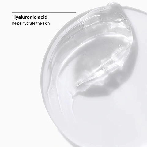 Image 1 - A clear, viscous gel is spread on a white surface with text reading Hyaluronic acid helps hydrate the skin. Image 2 - A clear, bubbly liquid with two black icons and text on the left: a water droplet with hydrate, and a dumbbell with strengthen. Image 3 - A table on a yellow background lists ingredients the product is free of, indicated by an x next to each item: Free of fragrance, oil, drying alcohol, sodium lauryl sulfate, sodium laureth sulfate.