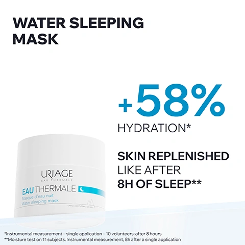 Image 1 - The image shows a white jar of Uriage Eau Thermale Masque deau nuit Water sleeping mask, along with the visible text: WATER SLEEPING MASK, +58% HYDRATION*, SKIN REPLENISHED LIKE AFTER 8H OF SLEEP**, *Instrumental measurement – single application – 10 volunteers: after 8 hours, **Moisture test on 11 subjects. Instrumental measurement, 8h after a single application. Image 2 - A close-up of a persons face with a hand applying a clear gel to their temple, featuring text that reads ALL SKIN TYPES EVEN SENSITIVE, INSTANT COOLING EFFECT, SILKY GEL TEXTURE, FRESH & FLORAL SCENT. Image 3 - The image displays three petri dishes, one with a light blue liquid with bubbles, another with a darker blue swirling liquid and clear bubbles, and the third with a white Edelweiss flower, alongside the text ADVANCED DERMATOLOGICAL FORMULA, HYALURONIC ACID Hydrates the skin, H2O COMPLEX + AQUAXYL Moisturizes & boost hydratation, and EDELWEISS Soothes & softens skin. Image 4 - A close-up of a clear dish with a blue gel-like substance and bubbles on a white background, with text that reads: KEY INGREDIENT, PURE & NATURAL HYALURONIC ACID, Deeply hydrates and helps maintain moisture for smooth, plump & refreshed skin. Image 5 - An infographic on a white background features the title Committed to Healthy Skin, followed by an icon of a doctor with a stethoscope and the text Developed & Recommended by Dermatologists, and finally an icon of a heart above cupped hands with the text Suitable for All Skin Types. Image 6 - The image presents a Daily Hydrating Routine, showcasing three Uriage Eau Thermale products: Step 1, Smoothes Serum, featuring a blue dropper bottle labeled Uriage Eau Thermale Sérum Booster H.A. H.A. Booster Serum Hydratation Éclat Hydration Brightness Uriage Eau Thermale des Alpes; Step 2, Moisturizes Cream, featuring a white tube labeled Uriage Eau Thermale Gelée deau Water jelly Hydratation Éclat Hydration Brightness Peaux normales à mixtes Normal to combination skin Uriage Eau Thermale des Alpes; and Step 3, Regenerates Night Mask, with a crescent moon icon, featuring a white jar labeled Uriage Eau Thermale Masque deau nuit Water sleeping mask. Image 7 - A man in a white lab coat and blue scrubs with glasses smiles, next to text that reads Recommended by Dermatologists, with a large blue quotation mark icon introducing the quote Rehydrate your skin during the night with a face mask enriched in Hyaluronic Acid, and below that Certified dermatologist Dr. Danny Guo, with Dr. Guo, MD FRCPC Mohs Surgeon also visible on his lab coat.