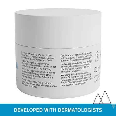 Image 1 - A white jar of cream with usage instructions in multiple languages, a circled PP logo, 50mle volume, Laboratories contact information, and MADE IN FRANCE, above a blue bar that says DEVELOPED WITH DERMATOLOGISTS. Image 2 - Close-up of a person applying a gel mask to their face, with text reading Silky gel texture with cooling effect, Thirst-quenching sleep mask, ALL SKIN TYPES - EVEN SENSITIVE. Image 3 - Close-up of a persons eye, nose, and mouth with text overlay reading +58%* hydration Skin replenished like after 8 hours**of sleep *Instrumental measurement - single application - 10 volunteers: after 8 hours **Moisture test on 11 subjects. Instrumental measurement, 8h after a single application Image 4 - An image lists ingredients and benefits with icons Hyaluronic Acid Hydrates the skin, H2O Complex + Aquaxyl Moisturize and boost hydration, Edelweiss Leaves skin fresh, radiant and soothed, Uriage Thermal Water 100% pure & natural, softens and soothes all skin types, followed by the text Advanced Dermatological Formula. Image 5 - A landscape shows snow-capped mountains reflected in a lake with overlayed text reading Dermatologically tested, Suitable for all skin types, Non-comedogenic, High tolerance. Image 6 - A jar of skincare product with text that reads URIAGE EAU THERMALE Masque deau nuit Water sleeping mask DEVELOPED BY DERMATOLOGISTS URIAGE LEAU THERMALE DES ALPES.