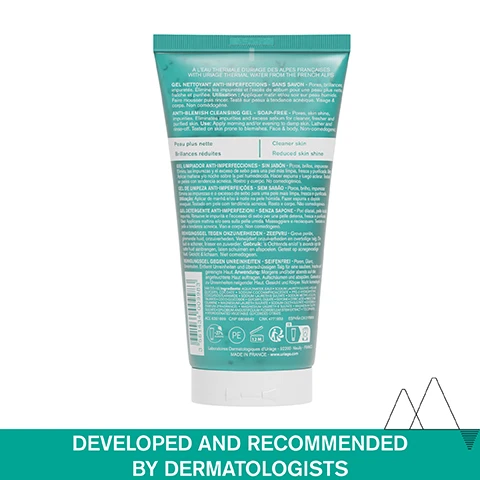 Image 1 - A teal and white tube of Uriage Anti-Blemish Cleansing Gel with visible text URIAGE THERMAL WATER FROM THE FRENCH ALPS ANTI-BLEMISH CLEANSING GEL SOAP-FREE Eliminates impurities and excess sebum Developed and Recommended by Dermatologists. Image 2 - A close-up of a persons face with text overlays reading OILY SKIN PRONE TO BLEMISHES Clear foaming gel Face & body Soap-free. Image 3 - Image shows a tube of Uriage Hyseac Anti-blemish cleansing gel and text that reads ANTI-BLEMISH CLEANSING GEL WITH PIROCTONE OLAMINE URIAGE EAU THERMALE HYSEAC Gel nettoyant anti-imperfections Nettoie, matifie, purifie Anti-blemish cleansing gel Cleanses, mattifies, purifies PIROCTONE OLAMINE + GLYCERIN PORES - BRILLANCES - IMPURETÉS PORES - SKIN SHINE - IMPURITIES Peaux grasses à tendance acnéique Oily skin prone to blemishes VISAGE - CORPS FACE - BODY NON COMÉDOGÈNE URIAGE, LEAU THERMALE DES ALPES 150 ml e 5 fl.oz. ELIMINATES IMPURITIES & EXCESS SEBUM HELPS PREVENT NEW ACNE BREAKOUT. Image 4 - Abstract background image lists key ingredients and benefits for an advanced dermatological formula: Advanced Dermatological Formula, Piroctone Olamine Purifies skin, Glycerin Moisturizes skin, Uriage Thermal Water 100% pure & natural, softens & soothes all skin types. Image 5 - A diagram overlaid on snowy mountains and blue sky lists product features with icons: Developed and recommended by dermatologists, Suitable for acne-prone skin, Physiological pH (5.5), Non-comedogenic, Soap-free. Image 6 - Image shows a four step skincare routine featuring Uriage Hyseac products 1 Cleanse Anti-blemish cleansing gel 150ml 5 fl.oz 2 Correct Hyseac 3-Regul+ Global anti-blemish care 3 Local day care Hyseac SOS Drying gel 4 Local night care Hyseac Pâte SOS - SOS Paste. Image 7 - A green tube of Uriage Hyseac Anti-blemish cleansing gel is shown with a splash of gel and a recommended by dermatologists badge. The visible text includes RECOMMENDED BY DERMATOLOGISTS, URIAGE EAU THERMALE, PIROCTONE OLAMINE + GLYCERIN, HYSEAC, Gel nettoyant anti-imperfections Nettoie, matifie, purifie, Anti-blemish cleansing gel Cleanses, mattifies, purifies, PORES - BRILLANCES - IMPURETÉS PORES - SKIN SHINE - IMPURITIES, Peaux grasses à tendance acnéique Oily skin prone to blemishes, VISAGE - CORPS FACE - BODY NON COMÉDOGÈNE, URIAGE, LEAU THERMALE DES ALPES, 150 ml e, and 5 fl.oz.