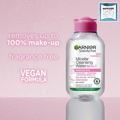 Image 1 - A bottle of Garnier SkinActive Micellar Cleansing Water for sensitive skin with a pink cap is shown against a pink background with water droplets, displaying text that reads removes up to 100% make-up, fragrance free, VEGAN FORMULA, NEW FORMULA, CLEANSES + SOOTHES + REMOVES MAKE-UP, Face, eyes, lips - No rinse off, FRAGRANCE FREE - HYPOALLERGENIC, Zero residue*, Respectful of skin barrier, Dermatologically tested, RECYCLED PLASTIC BOTTLE, *except cap, labels & additives, and a Marie Claire Skin Awards 2021 Winner badge. Image 2 - A transparent bottle of Garnier SkinActive Micellar Cleansing Water with a pink cap and label is displayed on a clear block against a pink background, with a prominent pink circular graphic to its right, featuring the text Garnier SkinActive New Formula Micellar Cleansing Water All-in-1 Sensitive Skin Cleanses + Soothes + Removes Make-Up Face, eyes, lips - No rinse off Fragrance Free - Hypoallergenic Zero residue* Respectful of skin barrier Dermatologically tested Bottle Made Using Recycled Plastic Except Cap, Labels & Additives, and the large graphic text N°1 Micellar Water In The UK, plus fine print *Verify at: www.garnier.co.uk/terms/number1. Image 3 - Close-up of a woman with clear skin looking forward against a pink background, with text reading UP TO 24H HYDRATION* and a smaller disclaimer INSTRUMENTAL ASSESSMENT, CORNEOMETER 26 PEOPLE. Image 4 - A clear pink bottle of Garnier SkinActive Micellar Cleansing Water All-in-1 with a pink cap and two stacked white and pink reusable cleansing pads are shown on a reflective surface against a light pink background, with text stating 3-STEPS CLEANSES, NO RINSE NEEDED, followed by instructions: 1. POUR Pour onto a reusable pad, 2. PRESS Wipe to cleanse, 3. PROOF Swipe away up to 100% of make up*, cleanse & soothe skin; the bottles label displays GARNIER SKINACTIVE, NEW FORMULA, Micellar Cleansing Water All-in-1, SENSITIVE SKIN, CLEANSES + SOOTHES + REMOVES MAKE-UP, Face, eyes, lips - No rinse off, Fragrance Free - Ophthalmologically Tested, Respectful of skin barrier, Dermatologically tested, Zero residue!, and BOTTLE MADE USING RECYCLED PLASTIC EXCEPT CAP, LABEL & ADDITIVES, with the image also including *95% of 315 agree. Image 5 - A light pink background features iridescent bubbles of various sizes, with one large bubble in the center surrounded by smaller ones, alongside text that reads MICELLS Captures impurities & makeup like a magnet. Image 6 - A white square with a green border displays the Leaping Bunny logo, which is a black outline of a rabbit leaping between two stars with a TM symbol, along with the text Cruelty Free INTERNATIONAL and ALL GARNIER PRODUCTS ARE OFFICIALLY APPROVED BY CRUELTY FREE INTERNATIONAL UNDER THE LEAPING BUNNY PROGRAM.