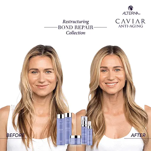Image 1, Restructuring bond repair collection before and after model shot of use. Image 2, The range, pre treat, cleanse, treat and style