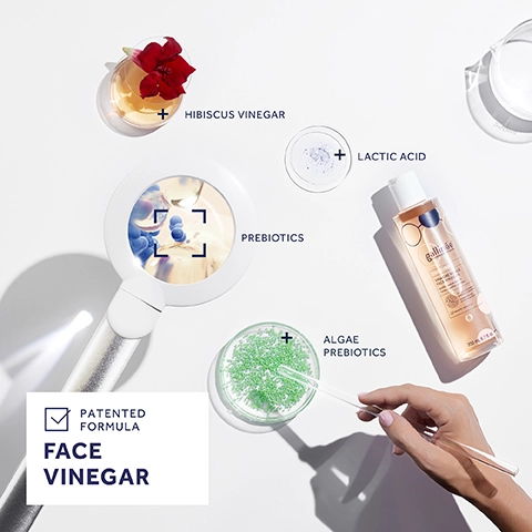 Face Vinegar. Patented formula. Prebiotics + lactic acid + hibiscus vinegar + algae prebiotics