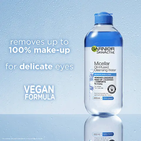 Image 1, removes up to 100% makeup for delicate eyes vegan formula. Image 2, more than 50,000 reviews 5 stars no1 micellar water in the uk and a must have in my cleansing routine. Image 3, cruelty free international all garnier products are officially approved by cruelty free international under the leaping bunny program. Image 4, vegan formula, bottle made from recycled plastic, recycled cap, label and additives