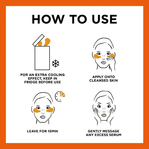 Image 1, HOW TO USE FOR AN EXTRA COOLING EFFECT, KEEP IN FRIDGE BEFORE USE APPLY ONTO CLEANSED SKIN LEAVE FOR 15MIN GENTLY MESSAGE ANY EXCESS SERUM. Image 2, ENRICHED WITH ORANGE JUICE AND HYALURONIC ACID TO REDUCE EYE BAGS AND BRIGHTEN EYE CONTOURS. Image 3, 15. Image 4, Cruelty Free INTERNATIONAL TM Leaping Bunny Approved VEGAN FORMULA* No animal derived ingredients or by products Biodegradable by home compost