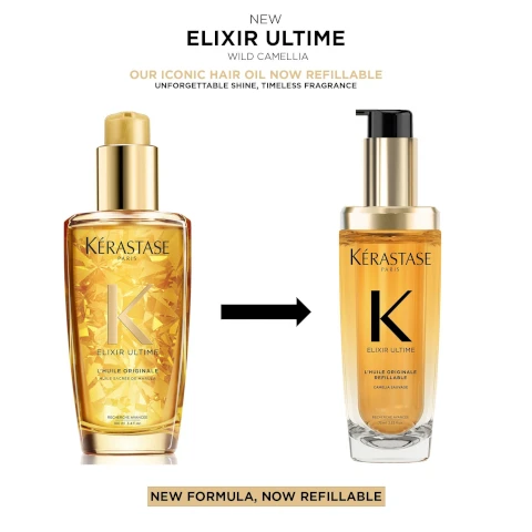 Image 1, our iconic hair oil now refillable. unforgettable shine, timeless fragrance. new formula, now refillable. Image 2, AWARD WINNING OIL KÉRASTASE INTERNATIONAL BEAUTY AWARDS 2023 ELIXIR ULTIME L'HUILE ORIGINALE Image 3, VERSATILE BEAUTIFYING OIL UP TO 6X SHINIER HAIR* THERMO- PROTECTION UP TO 230°C* FRIZZY HAIR IS CONTROLLED UP TO 96 HOURS** Image 4, CAMELLIA OIL ARGAN OIL MARU LA DIL Image 5, LIGHTWEIGHT NON-GREASY TEXTURE ELIXIR ULTIME HAIR OIL Image 6, ELIXIR ULTIME HAIR OIL THE SCIENCE INSIDE EDINE AHBICH Kérastase Scientific Director The Elixir Ultime L'Huile Originale oil is highly concentrated in care. It wraps the hair fiber to provide a protective coating against external aggressions. Infused with Marula Oil, the formula spreads easily and melts into the hair fiber for instant nutrition, soft touch and shiny hair. Image 7, ELIXIR ULTIME HAIR OIL THE PROFESSIONAL INSIDE HOVIG ETOYAN Global Professional Ambassador Who doesn't want gloriously glossy hair? Elixir Ultime and its Camellia oil provides long-lasting shine and smoothness with a lightweight finish.