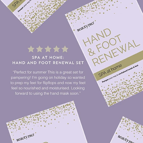Image 1 - A visually appealing product image of BeautyPROs Hand and Foot Renewal Set featuring a lavender background with gold speckles, and text that includes SPA AT HOME: HAND AND FOOT RENEWAL SET and a customer review about pampering for summer.
              Image 2 - Image shows three skincare product packets on a pink background: Hand Therapy labeled as deeply nourish dryness, Foot & Callus Peel labeled as remove rough dead skin, and Foot Therapy labeled as intensely rehydrate & soothe.
              Image 3 - A pink background features the Beauty PRO Hand and Foot Renewal Set packaging with gold speckles, five gold stars above, and a customer review stating the benefits of the product.