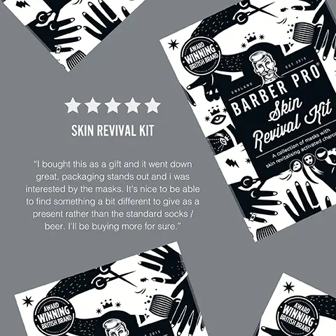 Image 1, AWARD WINNING BRITISH BRAND SKIN REVIVAL KIT "I bought this as a gift and it went down great, packaging stands out and i was interested by the masks. It's nice to be able to find something a bit different to give as a present rather than the standard socks/ beer. I'll be buying more for sure." ENGLAND BARBER PRO Skin Revival Kit A collection of masks with skin revitalising activated charco AWARD WINNING BRITISH BRAND AWARD WINNING BRITISH BRAND Image 2, TOP TIP BARBER PRO Skin Revival Kit will work perfectly as an all-year round gifting. BARBER PRO Skin Revival Hil Image 3, CHARCOAL deeply cleanses the pores, removes impurities and toxins to protect from blemishes and blackheads