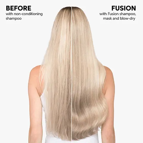 Image 1, BEFORE with non-conditioning shampoo FUSION with Fusion shampoo, mask and blow-dry Image 2, WELLA FUSION SHAMPOO www Stance 250 mle UP TO 95% LESS BREAKAGE *with Fusion SH and CN vs non conditioning shampoo Image 3, intense Repair NOIS O Intense Repair Smoothness METAL PURIFIER Metal Purifier Image 4, WELLA FUSION SHAMPOO Repair Shano & 250mle "GREAT SHAMPOO" From the first use my hair is silkier* and when brushing it is less brittle.* - Pops1806 *vs. non-conditioning shampoo