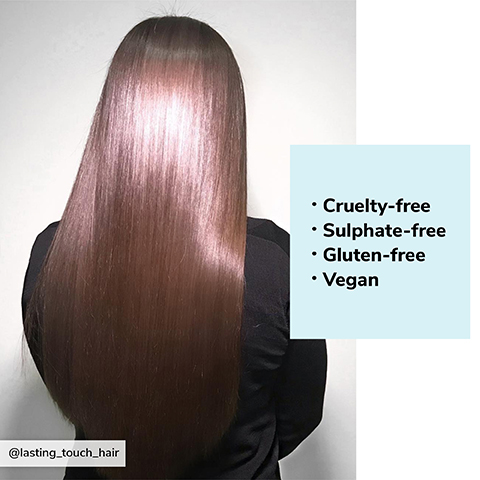 A person is shown from the back with long, shiny brown hair, next to text in a blue box that reads Cruelty-free, Sulphate-free, Gluten-free, Vegan, and includes the handle @lasting_touch_hair.