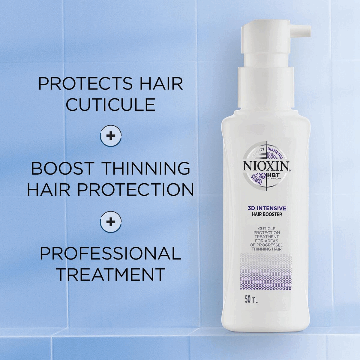 Protects hair cuticule + boost thinning hair protection + professional treatment. How to use Nioxin hair booster? Cuticule protection treatment 1. Use twice daily
            2. Distribute with fingers from root to tips 3. Massage the roots on areas of advanced thinning hair. NIOXIN - Density, Diameter, Derm. NIOXIN the no1. salon brand for thicker, fuller hair. Booster Treatment 50ml