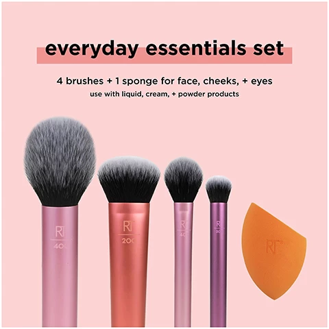 Image 1, everyday essentials kit, 4 brushes, 1 sponge for face cheeks and eyes. use with liquid, cream and powder products. Image 2, everyday essentials set. RT 300 deluxe crease brush = use to blend cream and powder eye shadows evenly or use to blend concealer. RT 402 setting brush = use to dust on highlighter or setting powder. RT 200 expert face brush = use to buff liquid and cream foundations also acts as the perfect tool to create a seamless contour. RT 400 blush brush = use to blend powder blushes evenly for a natural yet buildable finish. miracle complexion sponge = use the flat edge to apply and cover, the round sides to blend and blur and the precision top to conceal and perfect. Image 3, as featured in allure, byrdue, buzzfeed, cosmopolitain, elle, e ews, in style, people, today and tzr. Image 4, miracle complexion sponge 3 point application technique seamlessly blends and applies makeup. flat edge use to apply liquid or creams. rounded side bounce and blend all over. precision top, spot conceal blemishes and perfect under eyes. Image 5, the best selling makeup sponge, multi purpose foam works with all liquids creams and powders. easily bounces and blends to distribute product for a natural looking finish. created with revolutionary latex free foam technology. durable and easy to clean. Image 6, works with all liquid, cream and powder formulations. use damp for a light, dewy finish. Image 7, blend and glow coverage light to medium. finish natural and dewy. Image 8, ultra plush bristles proprietary blends of premium quality synthetic bristles designed specifically for each brush's function. each brush has 20,000+ bristles, non porous surface for less product absorption and easy cleaning. durable material for shed resistance. densely packed bristles to retain shape over time. Image 9, makeup sponge care. miracle complexion sponge, miracle airblend sponge, miracle powder sponge, miracle concealer sponge. cleanse - clean once a week using the real techniques brush and sponge cleansing gel, air dry in a well ventilated area and store in a cool dry place. replace every 30 days to maintain clean, flawless makeup application. Image 10, keep it clean, deep clean once per week with our brush cleansing gel and brush cleansing palette. 1 = extend the collapsible grip and slip palette between your fingers and add warm water and cleansing gel to surface. 2 = swirl brush over surface until clean. 3 = rinse brush thoroughly ensure to face the brush down when rinsing. 4 = air dry flat or upside down in a well ventilated area. Image 11,  makeup sponges and brushes. take care of your real techniques tools in 2 steps. rinse after every use to keep fresh and prevent build up. cleanse once a week to remove makeup, oil and impurities. use the real techniques makeup brush and blending sponge gel to clean your brushes and sponges weekly.