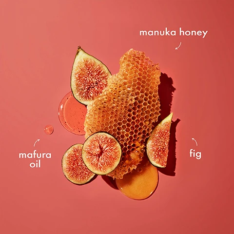 Image 1 - A flat lay image features a honeycomb piece, slices of fig, and drops of mafura oil against a pink background, with labels for manuka honey, mafura oil, and fig placed around the items.
              Image 2 - An orange background features the text FOR DRY & DAMAGED HAIR in various fonts and sizes.