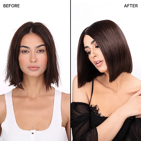 Image 2 - Image showing a side-by-side comparison of a woman with a before and after hairstyle; the left side displays her with a slightly tousled, shoulder-length bob, while the right side shows her with a sleek, straight bob hairstyle. Visible text includes BEFORE on the left and AFTER on the right.
              Image 3 - Image comparison showing two sections of hair; the left side labeled WITHOUT DREAM COAT with droplets of water absorbed into the hair, and the right side labeled WITH DREAM COAT showing water beading on the surface, with visible text stating Hair absorbs water, leading to frizz on the left and Hair repels moisture + humidity, no frizz on the right.
              Image 4 - An image showing a woman with shiny, styled dark hair smiling and touching her hair, with a smaller inset image of the same woman before, featuring frizzy hair; the word BEFORE is visible in the lower image.