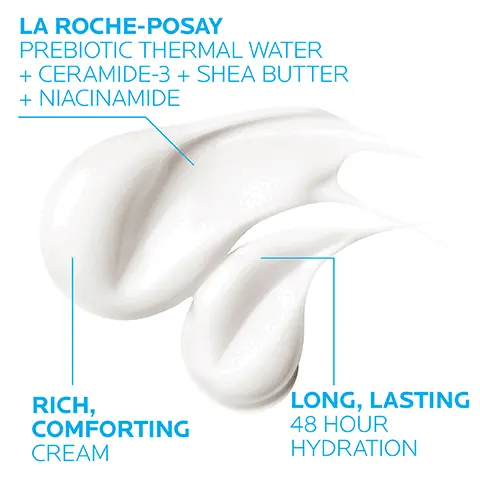 Image 1, la roche posay prebiotic thermal water + plus ceramide-3 + shea butter + niacinamide, rich, comforting cream, long, lasting 48h hydration. Image 2, key dermatological ingredients, la roche-posay prebiotic thermal water, soothing antioxidant a unique water rich in selenium a natural antioxidant. Ceramide-3 skin identical lipid helps retain moisture and maintain a healthy skin barrier. shea butter emollient sustainably sourced in burkina faso, known for its soothing and restoring properties. Image 3, reduces dry, rough skin and provides 48 hour hydration.