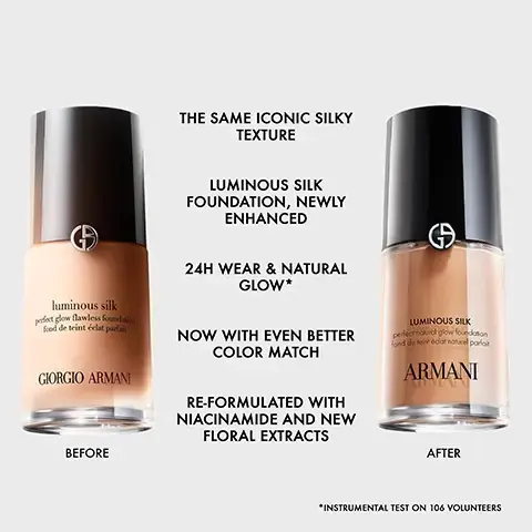 Image 2 - The image displays two Giorgio Armani Luminous Silk foundation bottles side-by-side on a light background, comparing a lighter Before shade to a slightly darker After shade; the left bottle reads luminous silk perfect glow flawless foundation fond de teint éclat parfait GIORGIO ARMANI, the right bottle reads luminous silk perfect natural glow foundation fond de teint naturel parfait ARMANI, and a central list highlights features THE SAME ICONIC SILKY TEXTURE LUMINOUS SILK FOUNDATION, NEWLY ENHANCED 24H WEAR & NATURAL GLOW* NOW WITH EVEN BETTER COLOR MATCH RE-FORMULATED WITH NIACINAMIDE AND NEW FLORAL EXTRACTS, with *INSTRUMENTAL TEST ON 106 VOLUNTEERS at the bottom. Image 3 - A woman with brown hair holds a bottle of Armani Luminous Silk foundation next to her face, with text on the image reading THE SAME SHADE AND ICONIC SILKY TEXTURE. Image 5 - A split image shows a womans face before and after applying a cosmetic, with the left side showing her natural skin and the right side showing a smoother, more even skin tone, with text BEFORE on the bottom left and AFTER SHADE 6 on the bottom right. Image 6 - A bottle of Armani Luminous Silk foundation with a black cap and silver logo is shown on a tan background with foundation streaks and clear liquid drops, displaying the text Luminous Silk perfect natural glow foundation fond de teint éclat naturel parfait Armani, Now formulated with Niacinamide and new floral extracts, 94% of consumers agree their skin appears less dull*, and *Instrumental test on 106 volunteers. Image 7 - Five swatches of liquid foundation in shades ranging from dark brown to light beige are displayed on a light background, with text that reads NOW IN 44 TRUER-TO-SKIN SHADES WITH A SKIN LIKE FINISH THAT BLURS PORES AND PROVIDES 24 HOUR WEAR AND NATURAL GLOW* *INSTRUMENTAL TEST ON 106 VOLUNTEERS. Image 8 - Four bottles of Giorgio Armani Luminous Silk foundation are displayed in a gradient of shades from light to dark on a reflective surface, with the visible text AVAILABLE IN 44 LUMINOUS SHADES and on each bottle LUMINOUS SILK perfect natural glow foundation fond de teint éclat naturel parfait ARMANI. Image 9 - A three-step guide to finding foundation shade visually showing eight different models demonstrating skin tones from fair to very deep, followed by explanations for identifying cool, neutral, and warm undertones, and a comprehensive table listing Luminous Silk Foundation shade numbers based on undertone and skin tone categories, with visible text reading Find your perfect shade STEP 1/ FIND YOUR SKINTONE FAIR LIGHT LIGHT MEDIUM MEDIUM MEDIUM TAN TAN DEEP VERY DEEP STEP 2/ FIND YOUR UNDERTONE COOL BLUE VEINS NEUTRAL BLUE & GREEN VEINS WARM GREEN VEINS STEP 3/ FIND YOUR LUMINOUS SILK FOUNDATION SHADE UNDERTONE FAIR LIGHT LIGHT MEDIUM MEDIUM MEDIUM TAN TAN DEEP VERY DEEP COOL 1, 3.75 5.1 5.25, 5.5 7 8.25 12.1 15.5 NEUTRAL 2 3.5, 4, 4.5, 5 5.15, 5.3, 5.75 5.9, 5.95, 6, 6.5 7.6 8.6, 9 11, 11.75, 13.25 13.6, 15.8 WARM 3 3.8, 4.1 5.2 5.8, 6.25 6.8, 7.8, 8.1 9.1, 10.1 11.4, 11.8 13.8, 14.