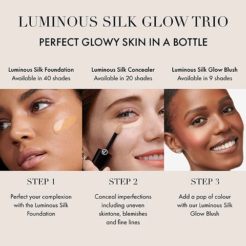 Image 1, luminous silk glow trio - perfect glowy skin in a bottle. luminous silk foundation = available in 40 shades. step 1 = perfect your complexion with luminous silk foundation. luminous silk concealer available in 20 shades, step 2 = conceal imperfections including uneven skin tones, blemishes and fine lines. luminous sulk glow blush, available in 9 shades. step 3 = add a pop of colour with our luminous silk glow blush. image 2, perfect glowy skin in a bottle. image 3, all day hydration, smart pigments for a natural coverage. formula infused with glycerin = hydrating, making the skin appear smoother and blurs the look of imperfections (wrinkles, fine lines, pimples and visible pores)