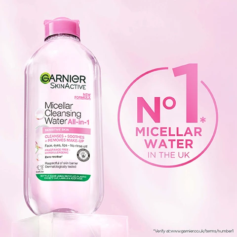 Image 1 - A clear bottle of Garnier SkinActive Micellar Cleansing Water with a pink cap is shown on a pink background next to a large pink circle with text, reading: GARNIER SKINACTIVE NEW FORMULA Micellar Cleansing Water All-in-1 SENSITIVE SKIN CLEANSES + SOOTHES + REMOVES MAKE-UP Face, eyes, lips - No rinse off FRAGRANCE FREE - HYPOALLERGENIC Zero residue* Respectful of skin barrier Dermatologically tested BOTTLE MADE USING RECYCLED PLASTIC EXCEPT CAP, LABELS & ADDITIVES N°1 MICELLAR WATER IN THE UK *Verify at: www.garnier.co.uk/terms/number1 Image 2 - A person with pink eyeshadow and winged eyeliner holds a makeup remover pad stained with black, yellow, and pink makeup against a pink background, with text that reads REMOVE UP TO 100% MAKE UP* and *95% OF 315 HOME TEST PANELLISTS AGREE. Image 3 - A smiling person with dark skin, pink eyeliner, and blush holds a white cotton pad stained with makeup, against a pink background, with text that reads NO Rubbing, Residue*, Rinsing, and *No visible residue. Consumer test: 114 volunteers. Image 4 - A close-up of a woman with clear, dewy skin against a pink background, with text that reads UP TO 24H HYDRATION* and *INSTRUMENTAL ASSESSMENT, CORNEOMETER 26 PEOPLE. Image 5 - A pink bottle of Garnier SKINACTIVE Micellar Cleansing Water All-in-1 SENSITIVE SKIN is displayed next to usage instructions and two reusable makeup pads, with text that reads 3-STEPS CLEANSES, NO RINSE NEEDED, 1. POUR Pour onto a reusable pad, 2. PRESS Wipe to cleanse, 3. PROOF Swipe away up to 100% of make up*, cleanse & soothe skin, and the bottle also shows text NEW FORMULA, CLEANSES + SOOTHES + REMOVES MAKE-UP, Face, eyes, lips - No rinse off, Fragrance Free - Dermatologically tested, Respectful of skin barrier, Dermatologically tested, BOTTLE MADE USING RECYCLED PLASTIC EXCEPT CAP, LABELS & ADDITIVES, accompanied by a small note *95% of 315 agree. Image 6 - A pink background features a large translucent bubble surrounded by several smaller ones, with text that reads MICELLES Captures impurities & makeup like a magnet.