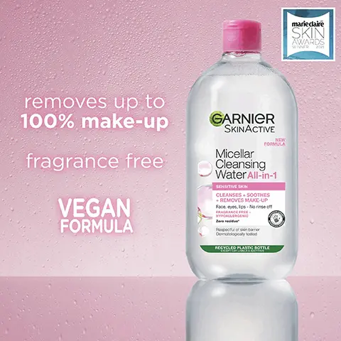 Image 1, Removes up to 100% makeup, fragrance free and vegan formula. Image 2, More than 40,000 gave 5 stars reviews and said it was the best micellar ever- never going back with 5 star rating. Image 3, Cruelty free international, all Garnier products are officially approved by cruelty free international under the leaping bunny program. Image 4, Vegan formula, bottle is made from recycled plastic, recycled cap,label and additives