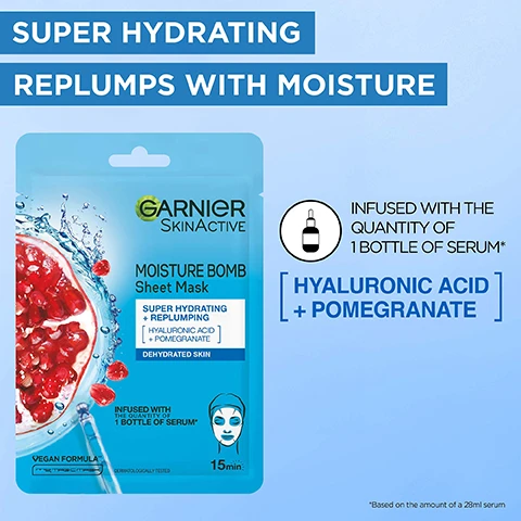 Image 1 - The image shows a Garnier SkinActive Moisture Bomb Sheet Mask package on a light blue background, featuring a sliced pomegranate, water splashing, a serum dropper, and an illustrated masked face, with a serum bottle icon beside it; it displays the text: SUPER HYDRATING REPLUMPS WITH MOISTURE GARNIER SKINACTIVE MOISTURE BOMB Sheet Mask SUPER HYDRATING + REPLUMPING HYALURONIC ACID + POMEGRANATE DEHYDRATED SKIN INFUSED WITH THE QUANTITY OF 1 BOTTLE OF SERUM* VEGAN FORMULA DERMATOLOGICALLY TESTED 15min INFUSED WITH THE QUANTITY OF 1 BOTTLE OF SERUM* HYALURONIC ACID + POMEGRANATE *Based on the amount of a 28ml serum. Image 2 - A blue Garnier SkinActive Moisture Bomb Sheet Mask packet featuring a pomegranate graphic and a face icon is centered on a pink background, surrounded by several halved and whole pomegranates with visible red seeds and scattered loose seeds. The packet text reads: NEW BIODEGRADABLE MASK BY HOME COMPOST GARNIER SKINACTIVE MOISTURE BOMB Sheet Mask SUPER HYDRATING + REPLUMPING [HYALURONIC ACID + POMEGRANATE] DEHYDRATED SKIN INFUSED WITH THE QUANTITY OF 1 BOTTLE OF SERUM* Vegan formula DERMATOLOGICALLY TESTED 15min. Image 3 - An advertisement collage features happy women applying and holding Garnier sheet masks, with text that reads MORE THAN 26,000 REVIEWS, N°1 SHEET MASK BRAND IN UK, five gold stars, and testimonials stating My skin felt revived, refreshed & hydrated and I love this Moisture Bomb mask & will surely buy again, followed by small print *2021 NielsenIQ. value and units, Female facial skincare, Sheet Mask Segment (client defined), 52 w/e 26/12/20 in UK (GB+NI) Total Coverage. Image 4 - Two smiling women are holding white sheet masks near their faces, one partially covering, with a stopwatch icon displaying 15. Image 5 - An overhead view shows several petri dishes on a white surface, with one large dish and a smaller dish containing red pomegranate seeds, and a pipette dispensing clear liquid into another dish, with the labels POMEGRANATE and HYALURONIC ACID. Image 6 - A clear glass bottle filled with liquid and bubbles, with a dropper dripping liquid into it, on a white background, with the text One Bottle of Serum in a Mask. Image 7 - A pomegranate cross-section with splashing water on a white background, featuring the text ENRICHED WITH POMEGRANATE EXTRACT & HYALURONIC ACID TO HYDRATE & REVITALISE.