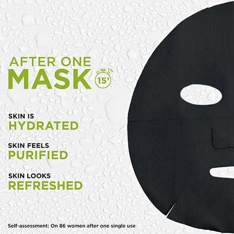 Image 1 - A smiling woman and man hold up two Garnier SkinActive charcoal sheet mask packets; both packets are labeled NEW 50% PAPER-BASED SACHET and GARNIER SKINACTIVE; the woman holds an AHA + BHA Charcoal Mattifying Serum Mask packet with text AHA + BHA CHARCOAL, MATTIFYING SERUM MASK, 2% AHA + BHA + Glycerin, COMBINATION TO OILY SKIN, PURIFY & MATTIFY SKIN IN 1 USE, DERMATOLOGICALLY TESTED, INFUSED WITH THE QUANTITY OF 1 BOTTLE OF SERUM*; the man holds a Caffeine + Charcoal Revitalising Eye Mask packet with text BIODEGRADABLE MASK BY HOME COMPOST**, CAFFEINE + CHARCOAL*, REVITALISING EYE MASK, [3% Glycerin + Caffeine], PUFFY UNDEREYES, TESTED UNDER DERMATOLOGICAL CONTROL, VISIBLY REFRESH & ENERGIZE, FRAGRANCE FREE, and a Cruelty Free International leaping bunny logo; an overlay on the image reads DISCOVER OUR EYE & FACE CHARCOAL SHEET MASKS. Image 2 - A black sheet mask is partially visible on the right side against a white background with many water droplets, accompanied by the text: AFTER ONE MASK 15 SKIN IS HYDRATED SKIN FEELS PURIFIED SKIN LOOKS REFRESHED Self-assessment: On 86 women after one single use. Image 3 - A glass dropper with a liquid drop suspended above a small clear bottle containing a bubbly serum, with text on the right side that reads ONE BOTTLE OF SERUM IN A MASK. Image 4 - A woman with a black charcoal face mask on gently touches her cheeks, next to a stopwatch icon showing 15. Image 5 - A green background displays the Garnier logo with a G on a leaf-textured circle, a white rabbit logo with the text Cruelty Free International, the words Vegan Formula, and the small text (1) No animal derived ingredients or by-products.