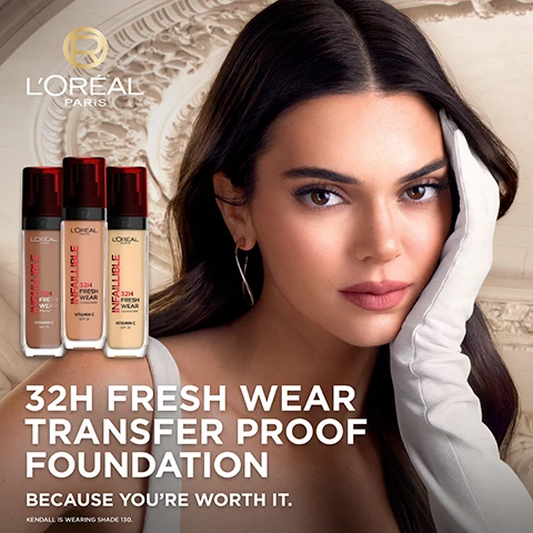 Image 1 - A woman with long hair poses with her hand on her face, wearing a white glove, next to three bottles of foundation labeled 32H Fresh Wear Transfer Proof Foundation; visible text includes BECAUSE YOURE WORTH IT.
              Image 2 - A woman with curly hair holds a bottle of skincare product up to her face, wearing statement earrings and a white outfit, with the text INSTANTLY LUMINOUS SKIN SMOOTHER & BRIGHTER IN 4 WEEKS visible in bold above her.
              Image 3 - A bottle of LOréal Infallible 32H Fresh Wear foundation is centered in front of a light beige background with a circular logo, accompanied by text that reads Perfect Coverage Fresh, Luminous Skin and includes bullet points stating No Weighdown No Transfer All Day Breathable All Day Fresh Look.
              Image 4 - A woman applies a skincare product to her face, with visible text stating TESTED UNDER DERMATOLOGIST CONTROL, NON-COMEDOGENIC, SUITABLE FOR ALL SKIN TYPES, and SUITABLE FOR SENSITIVE SKIN.
              Image 5 - Image shows two bottles of LOréal Infallible foundation side by side, one with a red cap labeled BEFORE and one with a black cap labeled NOW, with text stating SAME FORMULA, NEW & IMPROVED PACK and 100% recyclable twistable plump to ease recyclability.
              Image 6 - Three different skin-toned arms hold bottles of LOréal Infallible foundation in front of a light background, showcasing swatches labeled with numbers for 29 luminous shades.
              Image 7 - A collection of LOréal Infallible makeup products, including foundations and a setting mist, displayed on a gradient background with the text OUR INFALLIBLE RANGE.