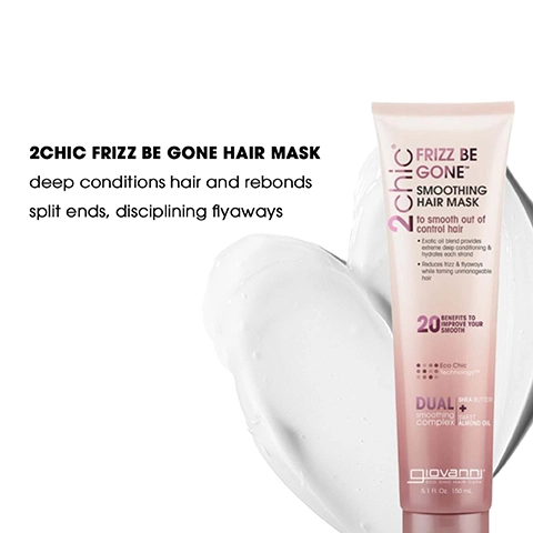A tube of 2chic Frizz Be Gone Hair Mask by Giovanni is shown against a white background, accompanied by a swirl of the product; visible text includes the product name, description of benefits, and ingredients.