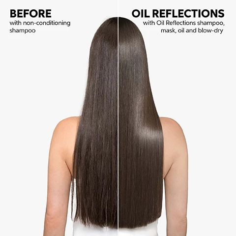 Image 1 - Image shows a side-by-side comparison of hair before and after using Oil Reflections shampoo, with the left labeled BEFORE with non-conditioning shampoo showing frizzy hair while the right labeled OIL REFLECTIONS with Oil Reflections shampoo, mask, oil and blow-dry displays smooth, shiny hair.
              Image 2 - Image shows three Wella Professionals hair care products labeled Oil Reflections: a tube of luminous instant conditioner, a bottle of luminous reveal shampoo, and a bottle of luminous smoothing oil, with the text stating UP TO 3X SMOOTHER HAIR* and a note about the benefits of the products.
              Image 3 - A hand holds a tube of Wella Oil Reflections conditioner, dispensing product onto an open palm, with icons and text nearby indicating Smoothness, Shine, Soft Hair, and Conditions.
              Image 4 - A circular design features two creamy textures, one white and one yellow, with labels reading Metal Purifier*, Panthenol*, and Precious Botanical Oils on the sides, along with OLEOLOGY PROGRAM prominently displayed.