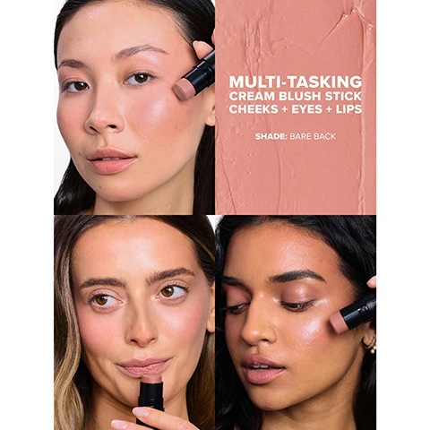 Image 1 - Three women are shown applying a cream blush stick on their cheeks, eyes, and lips, with the product details in the background reading MULTI-TASKING CREAM BLUSH STICK CHEEKS + EYES + LIPS SHADE: BARE BACK.
              Image 2 - A close-up of a woman with dark skin and curly hair, showing three colored stripes on her cheek, and text indicating the use of a multi-tasking blush stick for eyes, cheeks, and lips, along with the product name EASY STRIPE, BLEND, GO.
              Image 3 - A chart comparing three types of nude blush products, featuring images of models using each blush, with sections for texture, finish, and benefits of each product: Nudies Matte Cream, Nudies Bloom Blush, and Nudies Matte Lux Blush.
              Image 4 - Image shows a stack of lip products in various colors with a light background, alongside text that highlights features of the makeup: moisturizing and natural antioxidant (Vitamin E), soft blurring and oil-absorbing (Kaolin & Silica Minerals), and 50% emollient-rich complex, and includes the labels CLEAN, VEGAN, and CRUELTY-FREE.
              Image 5 - Three arms are shown with swatches of various lip colors in a vertical arrangement, each swatch labeled with the corresponding color name, including Body Language, Naughty in Spice, Sunset Strip, Picante, Moodie Blu, Chérie, Bare Back, In the Nude, Salty Siren, Nude Peach, Sunkissed Pink, and Bubba.
              Image 6 - Image of three makeup products, including a stick blush with a purple top and two round containers in orange and black; text highlights BOLD BLUSH, CREAM COLOR For Cheeks + Eyes + Lips On The Go, along with product features: EASY TO BLEND, LONG WEARING, and RICH COLOR PAYOFF.
              Image 7 - The image displays various shades of blush organized into two categories: Bold Blush on the left with colors like Nude Peach, Sunset Strip, Picante, and Moodie Blu, and Natural Blush on the right featuring shades such as Bare Back, Sunkissed Pink, Naughty N Spice, Cherie, In the Nude, and Bubba.
              Image 8 - A black tin container with a travel mirror lid holds a cosmetic product labeled NUDIES ALL OVER FACE COLOR, with the message encouraging reusable packaging and recycling.