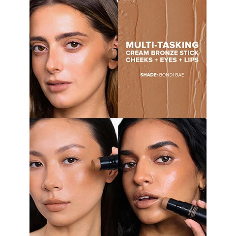 Image 1 - Image shows three women demonstrating the use of a cream bronze stick makeup product, with the text MULTI-TASKING CREAM BRONZE STICK CHEEKS + EYES + LIPS and SHADE: BONDIA BAE displayed prominently.
              Image 2 - Three women showcase the use of a multi-tasking cream bronze product on their cheeks, eyes, and lips, with text reading MULTI-TASKING CREAM BRONZE and ALL OVER FACE COLOR.
              Image 3 - A model with dark, wavy hair is applying a cream bronzer stick on her face, with text labels pointing to areas on her face, highlighting Eyes + Temple, Cheeks + Jaw, and featuring the words MINIMALIST MULTI-TASKING MAKEUP at the bottom, along with product description details.
              Image 4 - Image of a skincare product with stacked sections displaying different components, including labels for moisturizing ingredients and benefits like soft blurring and oil-absorbing, with visible text stating SKIN-LOVING MAKEUP THATS ALL YOU, and a note on being clean, vegan, and cruelty-free.
              Image 5 - A split image shows a woman with natural makeup on the left labeled BEFORE and the same woman with enhanced makeup on the right labeled AFTER with the product displayed, featuring the text EASY NUTE BRONZE and SHADE: BEACH BABE.
              Image 6 - Three arms are shown side by side displaying swatches of various lip colors in a range of shades, with visible text labels for each shade including Boho Babe, Termarotta Tan, Deep Maple, Beach Babe, Sun-kissed, Sun-kissed Cool, and Bonny Belle.
              Image 7 - Image shows three cylindrical makeup sticks in varying shades, with descriptive text including THE BRONZE, BLONZE & BRONZETOUR STICK For Cheeks + Eyes + Lips On the Go, EASY TO BLEND, LONG WEARING, and RICH COLOR PAYOFF.
              Image 8 - Image featuring two rows of foundation or makeup shades with labels; the left side labeled BLONZER includes shades named Sunkissed, Sunkissed Cool, and Beach Babe, while the right side labeled BRONZER includes shades named Bondi Bae, Bondi Belle, Deep Maple, Eh, and Terracotta Tan.
              Image 9 - Image of a black reusable tin containing a NUDESTIX product, with a mirror beside it, and text promoting sustainability and recycling options. Visible text includes: SAVE A TIN! JOIN A SMALL MOVEMENT & MAKE A BIG DIFFERENCE, REUSE YOUR TIN: Organize your products & touch up makeup on the go, RECYCLE WITH US: Tinplate is the most infinitely recyclable material in the world, that can be recycled into useful industrial products. *RECYCLE BASED ON YOUR LOCAL RECYCLING PROGRAM.