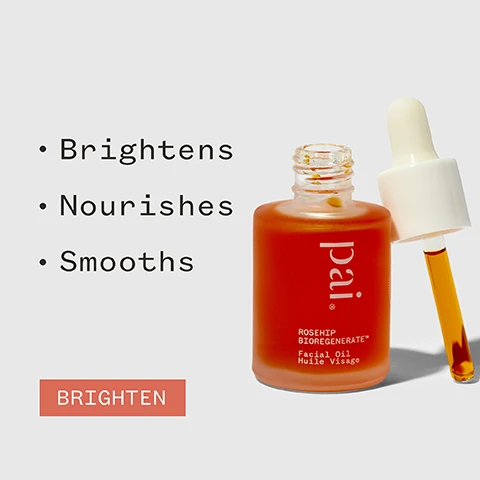 Image 1 - A bottle of facial oil with a dropper is displayed against a light grey background, alongside bullet points listing its benefits: Brightens, Nourishes, Smooths, and a call-to-action button labeled BRIGHTEN.
              Image 2 - A person holds a dropper bottle of facial oil with the label pai while dispensing an oil drop, and the image includes text stating 700% more antioxidants than market competitors along with certification logos for organic, vegan, and B Corporation status.