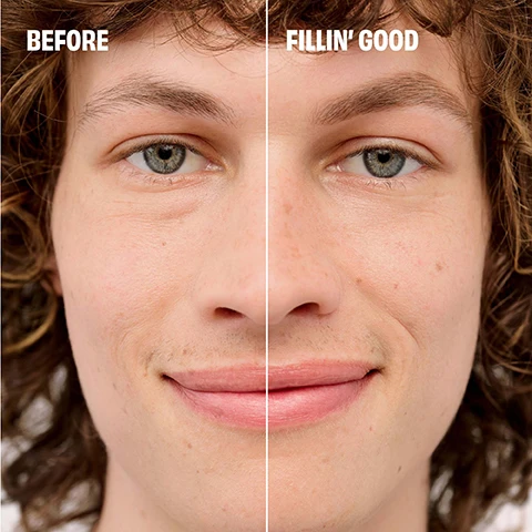 Image 1 - A close-up image of a young man, showing a side-by-side comparison of his face; the left side labeled BEFORE shows a natural look with visible light facial hair, while the right side labeled FILLIN GOOD shows a smoother, groomed appearance.
              Image 2 - Image shows two eyebrow pencils labeled as brow products; one is a full-size pencil with a spoolie brush on one end, and the other is a mini pencil, both featuring a white casing with red and black text.
              Image 3 - Image of an eyebrow pencil standing upright on the left side against a pink background, with bullet points listing features: Glide-on formula for fast & easy filling, Non-sharpen, goof-proof tip, Waterproof with 12-hour longwear.
              Image 4 - Four eyebrow pencils are displayed on a light beige background, with visible instructions detailing their features: Precisely, My Brow Pencil l 1.5 mm tip for hair-like strokes, Precisely, My Brow Detailer 0.8 mm tip for detailing, Gimme Brow+ Volumizing Pencil Powder & fiber tip for volume, and Goof Proof Brow Pencil Goof-proof tip for fast filling.